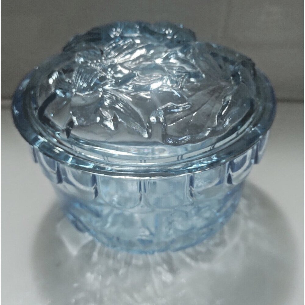 Vintage KIG Blue Glass Lidded Candy Jar Floral Lid Design 4" Tall x 4 1/2" dia.